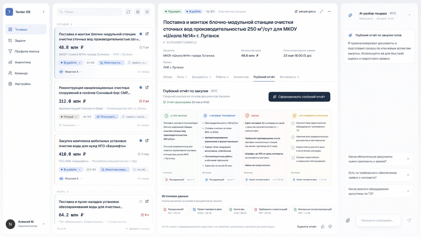 Глубокий отчёт по закупке с карточками закупки, требований, рисков и ручных проверок